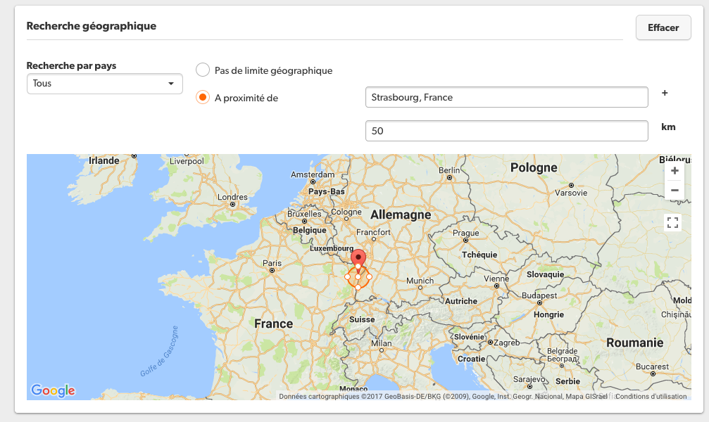 Cibler sa zone de recherche géographique sur le site